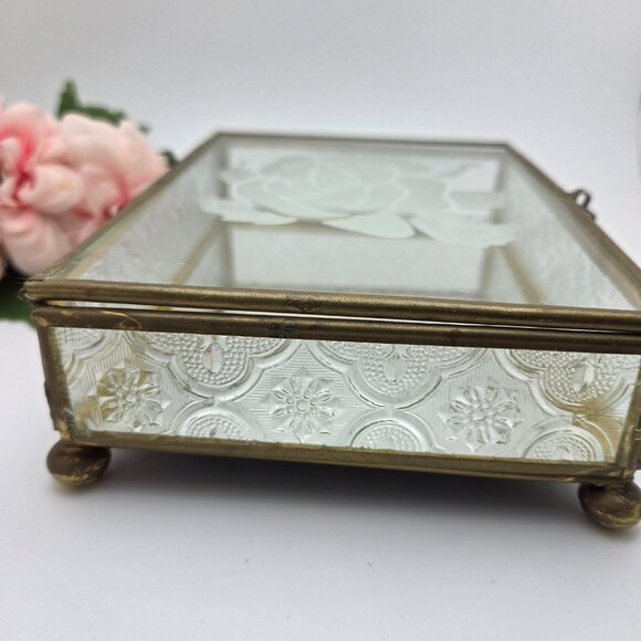 Vintage Glass Mirrored Jewelry Trinket Box Etched Rose Brass Mid Century - Picture 5 of 14